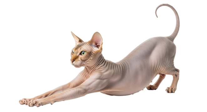 Isolated sphynx cat stretching body, hairless housecat arching back, muscular pet at full length