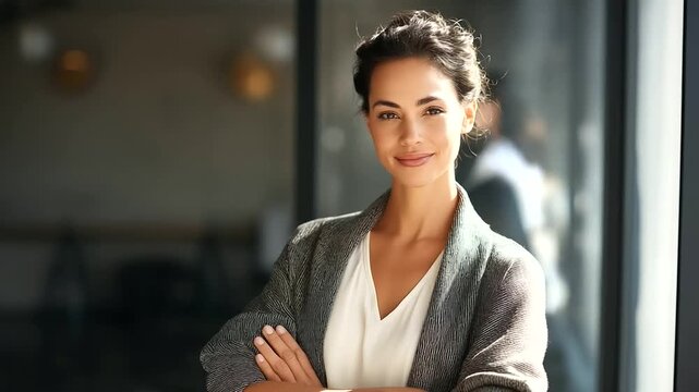 A woman stands confidently in an office, the assured scene illuminated by gentle sunlight. Woman, office, with copy space