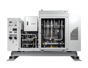 A large industrial central heating unit shown from the front, detailed pipes, valves, and control panels visible, clean isolated view on a transparent background PNG