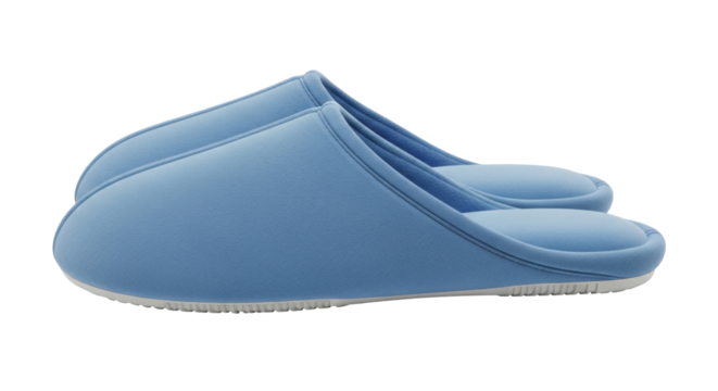 Isolated pair of blue house slippers for women or girls, comfortable indoor footwear