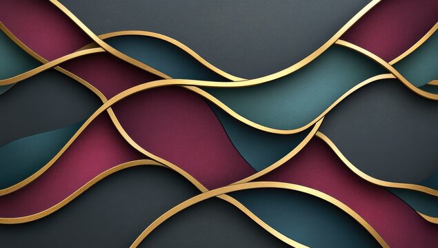 Wavy layers of colored shapes edged in gold lines overlap
