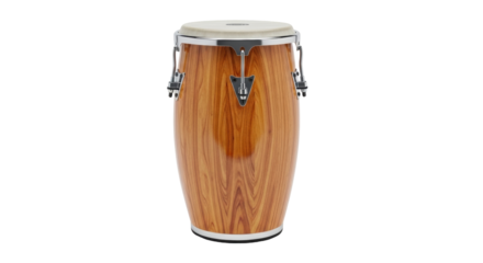 Isolated wooden conga drum with chrome hardware, percussion instrument for Latin rhythms