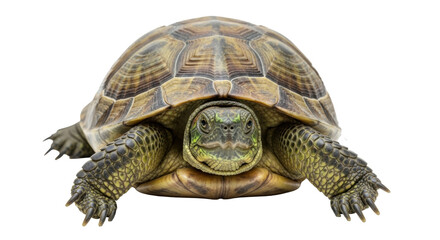 Fototapeta premium Isolated portrait of a brown tortoise with olive-green face in front view, staring forward