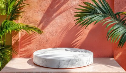 Obraz premium Marble stage by stucco wall, palm leaf shadows