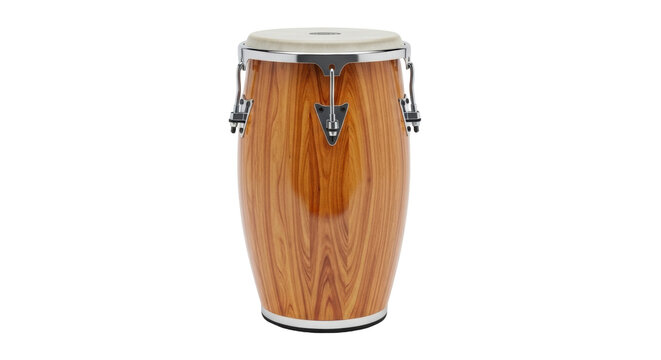 Isolated wooden conga drum with chrome hardware, percussion instrument for Latin rhythms