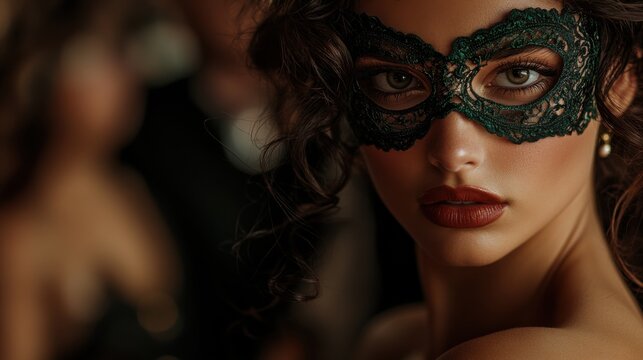 Beautiful woman in mysterious lace mask at masquerade - Powered by Adobe