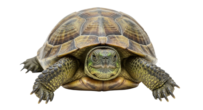 Isolated portrait of a brown tortoise with olive-green face in front view, staring forward
