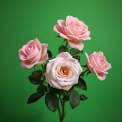 An elegant display of four pastel pink roses, each bloom perfectly formed, set against a bold emerald green canvas, creating a captivating visual of natural grace and serene beauty