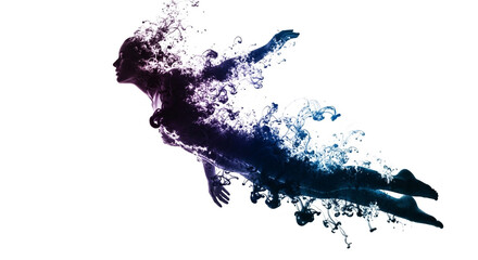 Captivating silhouette of a person dissolving into vibrant ink clouds, symbolizing transformation and creative flow