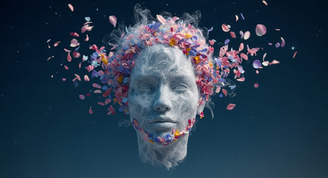 Dreamy ethereal face dissolving into vibrant petals and smoke, evoking wonder and transformation