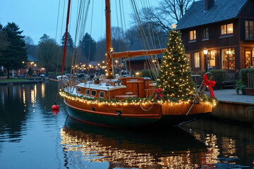 Sailboat moored in a quiet marina on a still lake decorated for Christmas