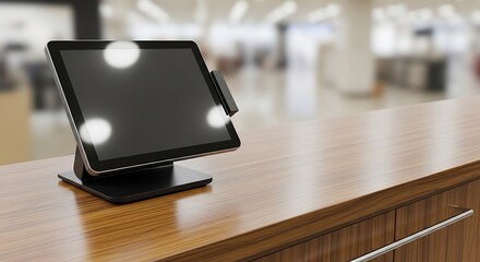 Modern Retail POS Touchscreen Terminal on Wooden Countertop