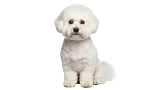 Isolated fluffy Bichon Frise dog looking forward while sitting still and resting in studio