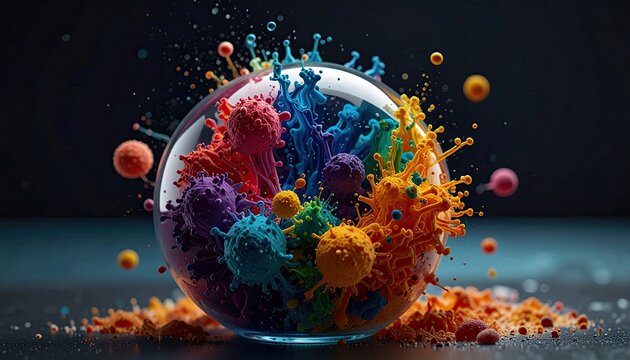 Microscopic multi-colored virus inside glass sphere on dark backdrop. For science use