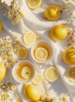 Lemons, tea, flowers laid out on draped white fabric