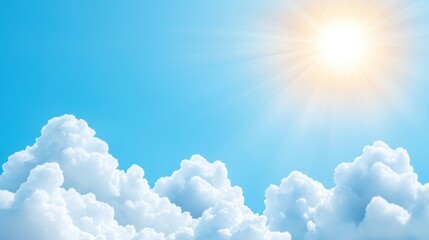 Bright Sun Shining Over Fluffy White Clouds In A Blue Sky