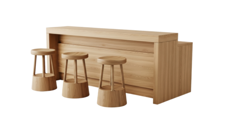 Isolated Wooden Bar Counter with Three Matching Stools in Modern Minimalist Style