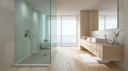 A bathroom with a large glass shower and a sink