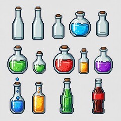 カラフルな液体が入ったピクセルアートガラスボトル