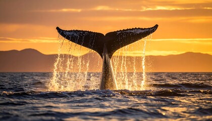 Whale tail erupting from ocean at golden sunset