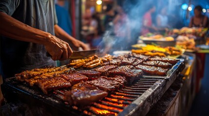 A chef cooking grilled meat at a vibrant outdoor street food market, the scene is filled with aromatic smoke
