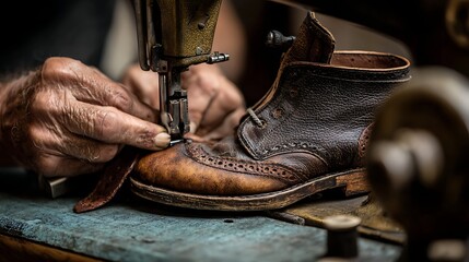A artisan carefully working on a handcrafted leather shoe with sewing machine. The close-up captures the detail of the craftsperson's hands and the textures of the shoe