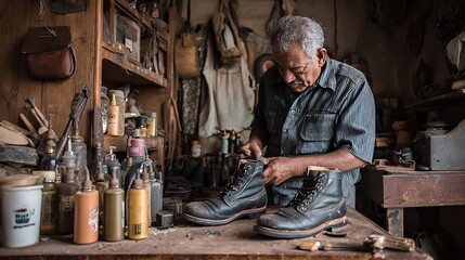 An old man working diligently in his workshop to repair shoes. He is surrounded by tools and materials of his trade, showcasing the craft of shoemaking
