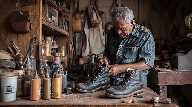 An old man working diligently in his workshop to repair shoes. He is surrounded by tools and materials of his trade, showcasing the craft of shoemaking