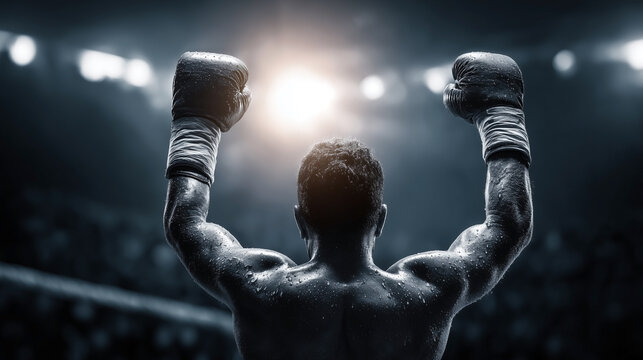 A boxer is standing in the ring with his hands raised in the air