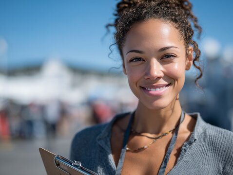 A woman holding a clipboard and smiling at the camera