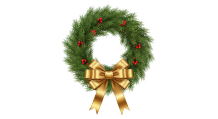 Isolated Christmas wreath with decorative golden bow and red berries, festive holiday element © Johanna