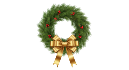 Isolated Christmas wreath with decorative golden bow and red berries, festive holiday element