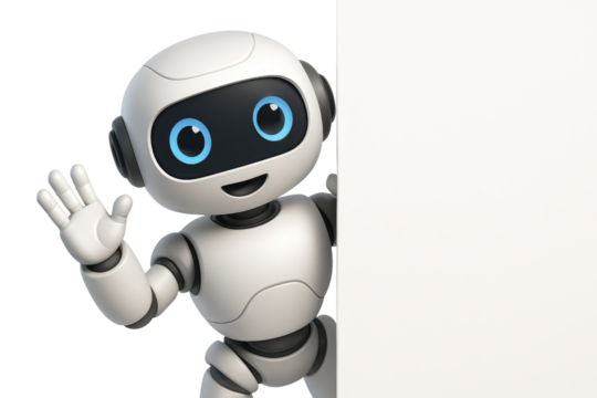 Cute Robot Waving and Peeking from Behind a White Surface graphic design isolated on a transparent background