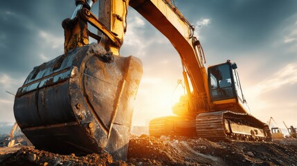 A powerful excavator works at sunset, showcasing its massive bucket and machinery against a dramatic sky.