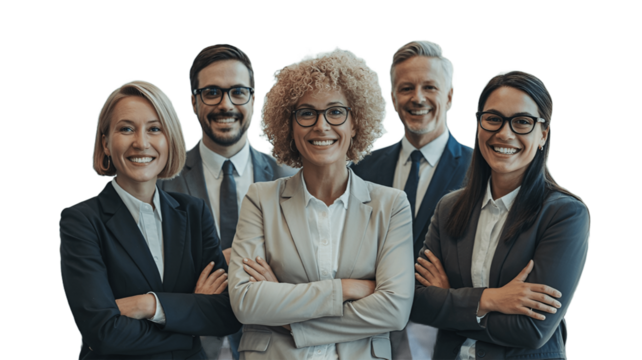Professional and smiling team in formal attire.