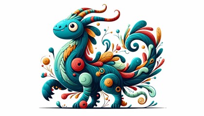 Obraz premium Cute fantasy creature illustration, colorful smiling monster character isolated on white