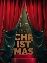 Opened red curtains with Merry Christmas golden text on red podium. Christmas is here concept design. Christmas greeting card. 3D Rendering, 3D Illustration