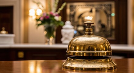 A vintage brass bell on a wooden table in a luxurious hotel setting.