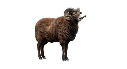 Isolated brown ram standing alert profile isolated, majestic horns, domestic livestock outdoors