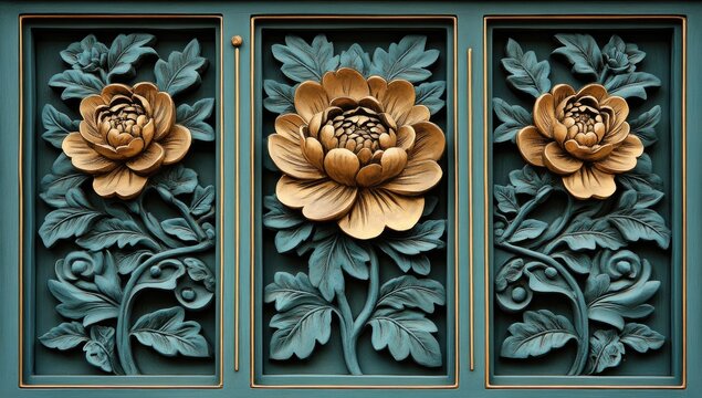 Embossed floral panels, intricate leaves and blossom relief