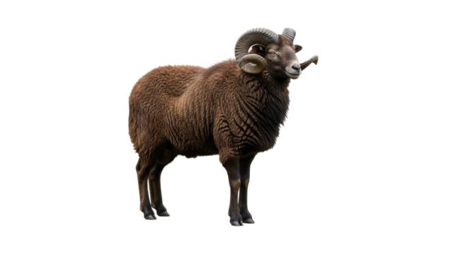 Isolated brown ram standing alert profile isolated, majestic horns, domestic livestock outdoors