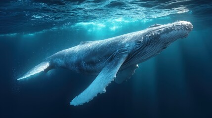 Majestic humpback whale swimming gracefully in the deep blue ocean with sunlight filtering through the water surface