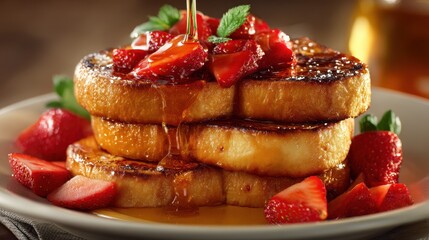 Delicious stack of golden French toast topped with fresh strawberries and mint with maple syrup being poured over for a sweet breakfast