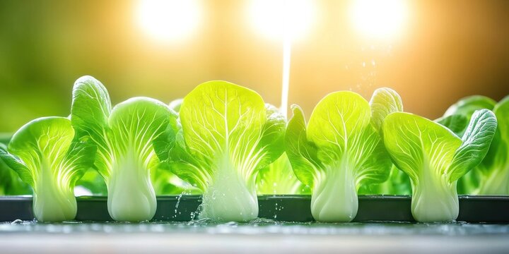 Bok choy plants growing hydroponically in sunlight - Powered by Adobe