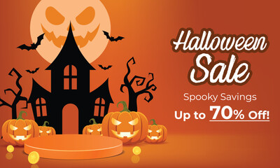 Halloween Sale Banner with Pumpkins and Haunted House Illustration