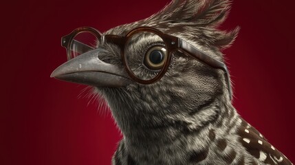 Humorous portrait of an intelligent bird with fluffy feathers and a large beak wearing stylish round glasses on a solid red background