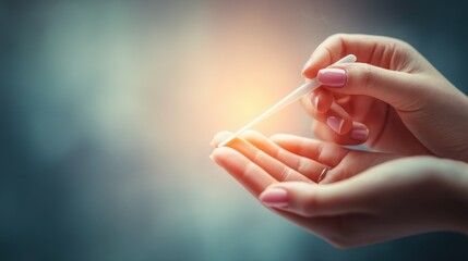 Woman with a fresh pink manicure holding a cuticle pusher tool for a professional nail care and beauty treatment on a soft focus background