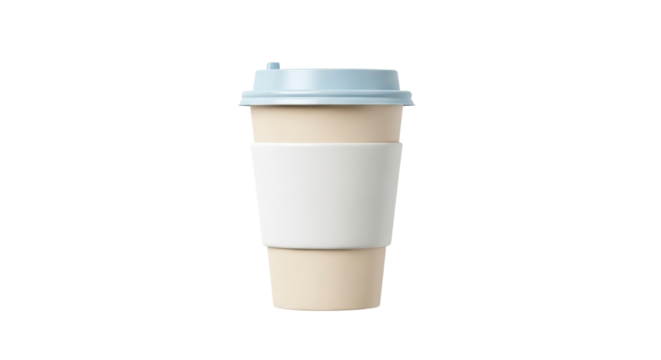 Isolated travel mug with a light blue lid and a white sleeve, reusable cup on neutral background