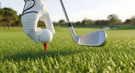 Closeup of a golfers gloved hand placing a golf ball on a tee, with a golf club ready to swing on a green golf course during a sunny day