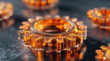 Detailed close-up of a transparent amber glass gear mechanism on a dark textured surface with a shallow depth of field